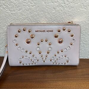 Michael Kors Embellished Adele Logo Double Zip Smartphone Wallet Wristlet Pink